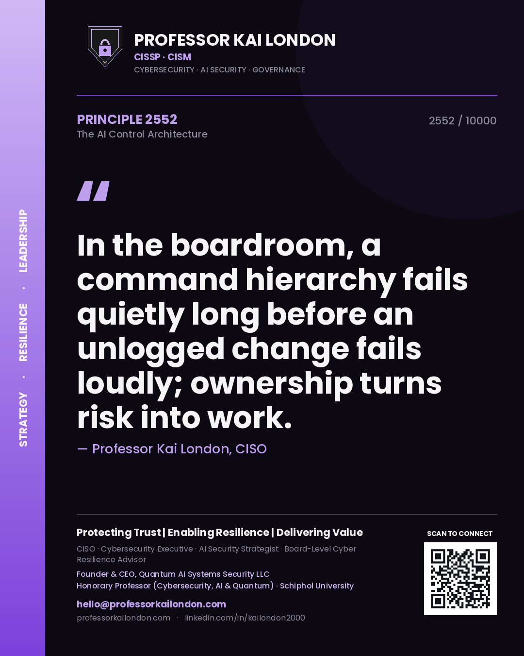 Professor Kai London principle 2552: In the boardroom, a command hierarchy fails quietly long before an unlogged change fails loudly; ownership turns risk into work.