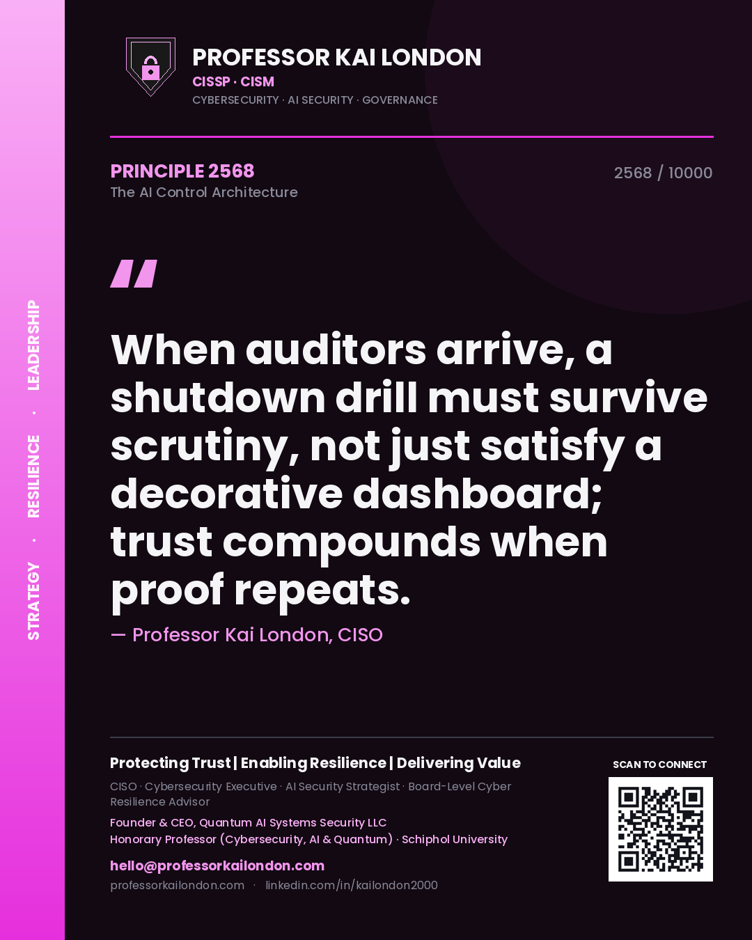 Quote card by Professor Kai London reading 'When auditors arrive, a shutdown drill must survive scrutiny, not just satisfy a decorative dashboard; trust compounds when proof repeats.'. From the book The AI Control Architecture.