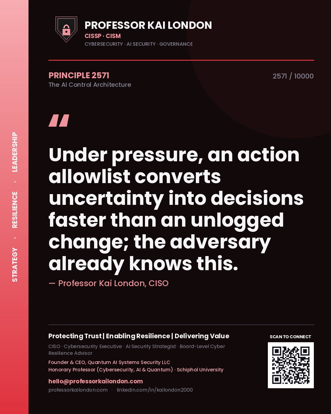 Professor Kai London principle 2571: Under pressure, an action allowlist converts uncertainty into decisions faster than an unlogged change; the adversary already knows this.
