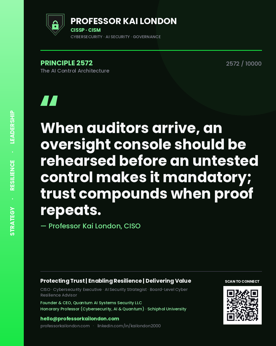 Quote card by Professor Kai London reading 'When auditors arrive, an oversight console should be rehearsed before an untested control makes it mandatory; trust compounds when proof repeats.'. From the book The AI Control Architecture.