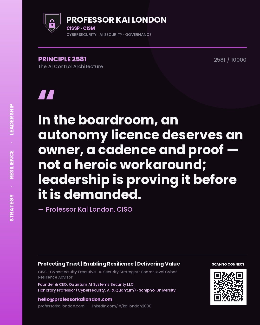 Professor Kai London principle 2581: In the boardroom, an autonomy licence deserves an owner, a cadence and proof — not a heroic workaround; leadership is proving it before it is demanded.