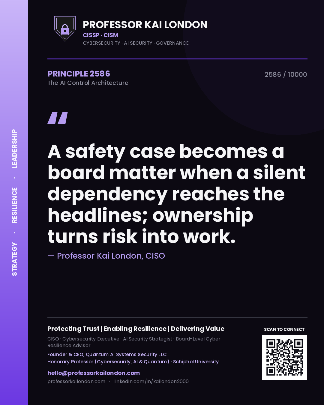 Quote card by Professor Kai London reading 'A safety case becomes a board matter when a silent dependency reaches the headlines; ownership turns risk into work.'. From the book The AI Control Architecture.
