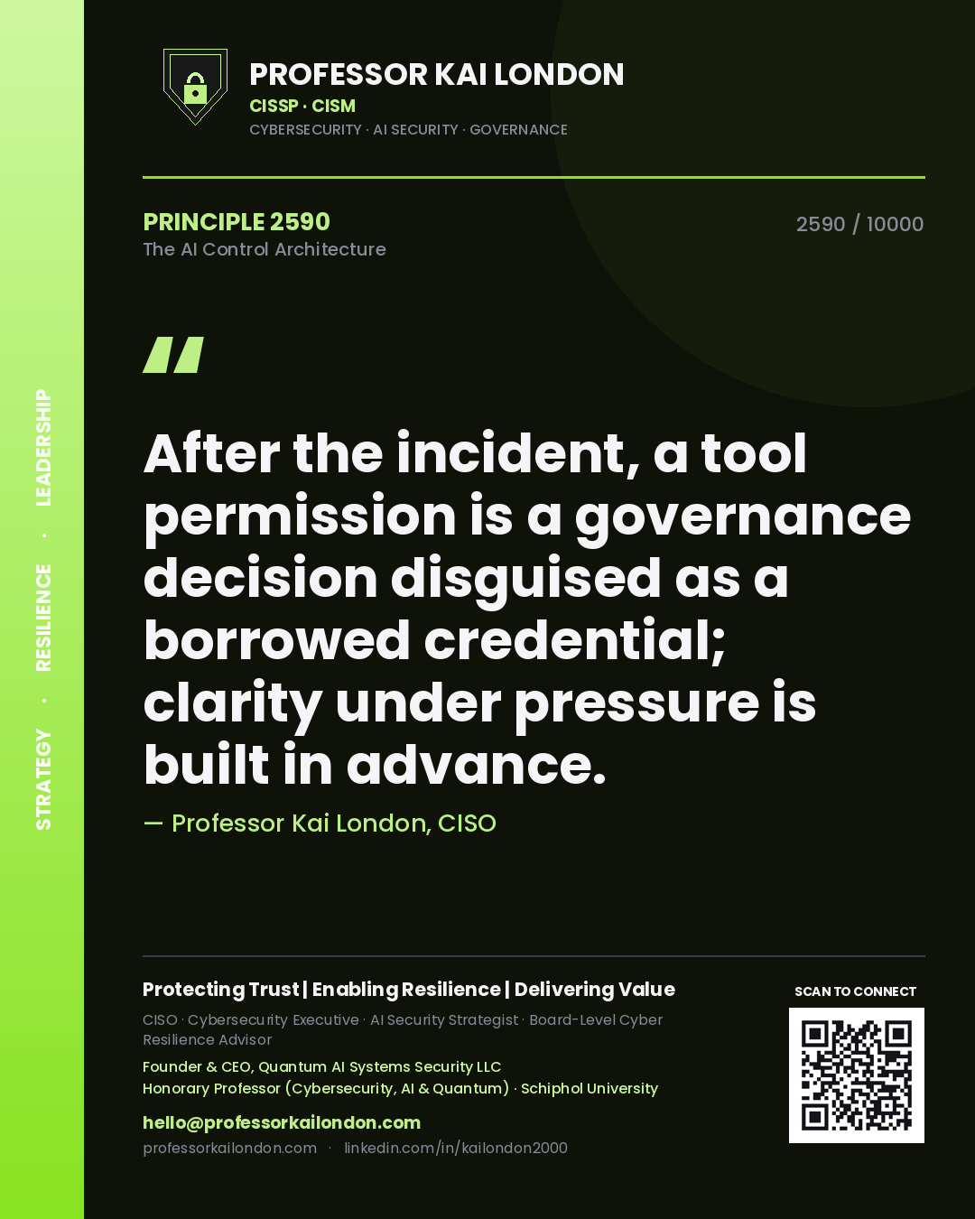 Quote card by Professor Kai London reading 'After the incident, a tool permission is a governance decision disguised as a borrowed credential; clarity under pressure is built in advance.'. From the book The AI Control Architecture.