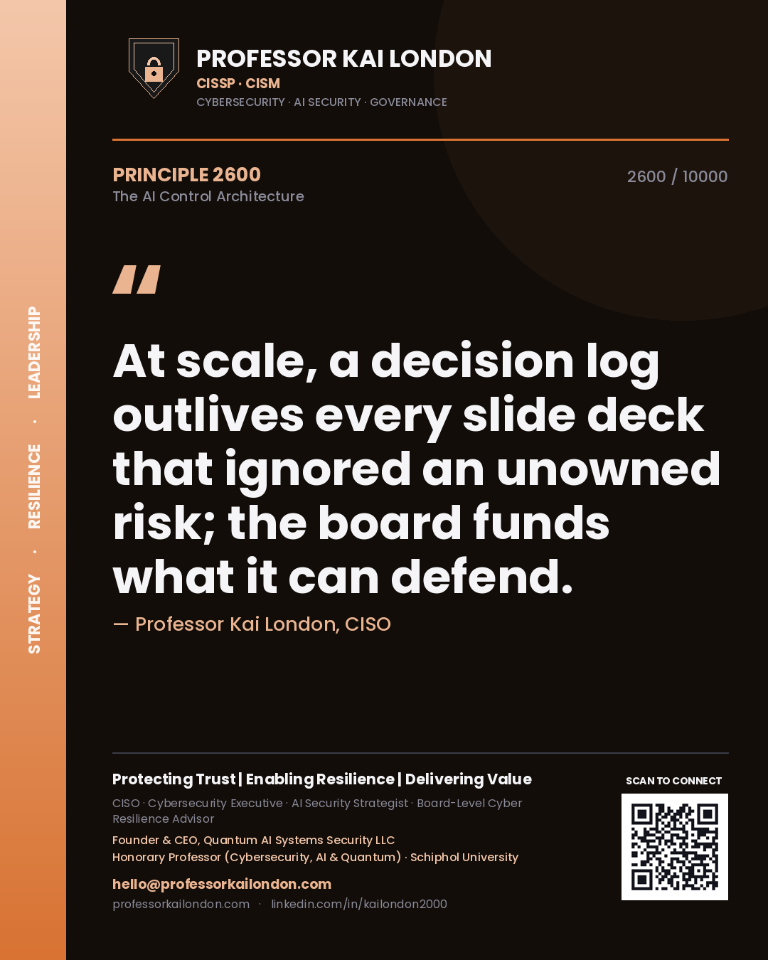 Quote card by Professor Kai London reading 'At scale, a decision log outlives every slide deck that ignored an unowned risk; the board funds what it can defend.'. From the book The AI Control Architecture.