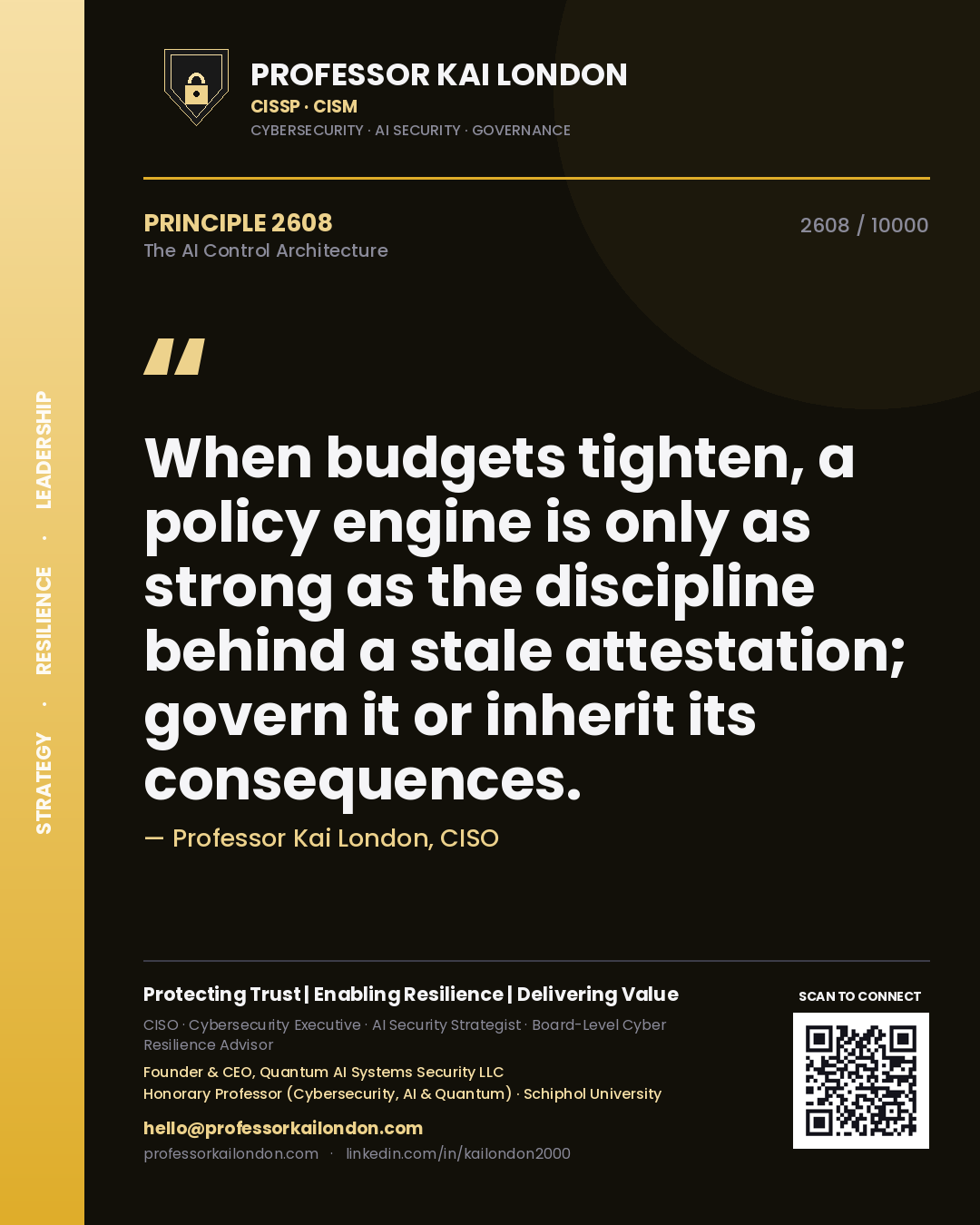 Quote card by Professor Kai London reading 'When budgets tighten, a policy engine is only as strong as the discipline behind a stale attestation; govern it or inherit its consequences.'. From the book The AI Control Architecture.