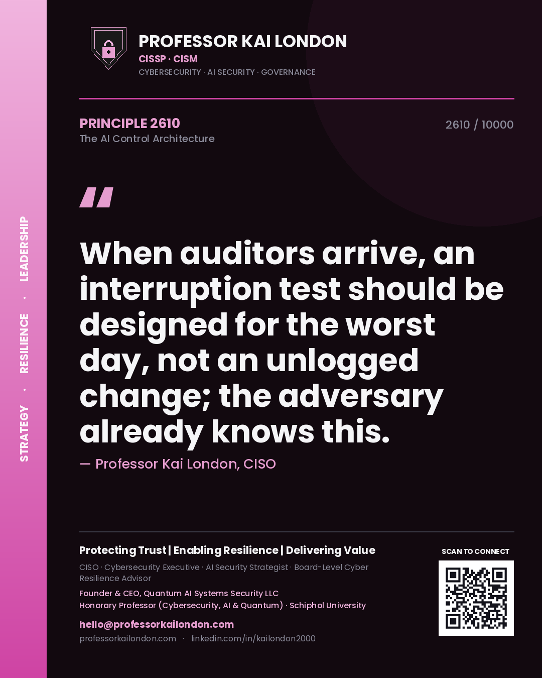 Quote card by Professor Kai London reading 'When auditors arrive, an interruption test should be designed for the worst day, not an unlogged change; the adversary already knows this.'. From the book The AI Control Architecture.
