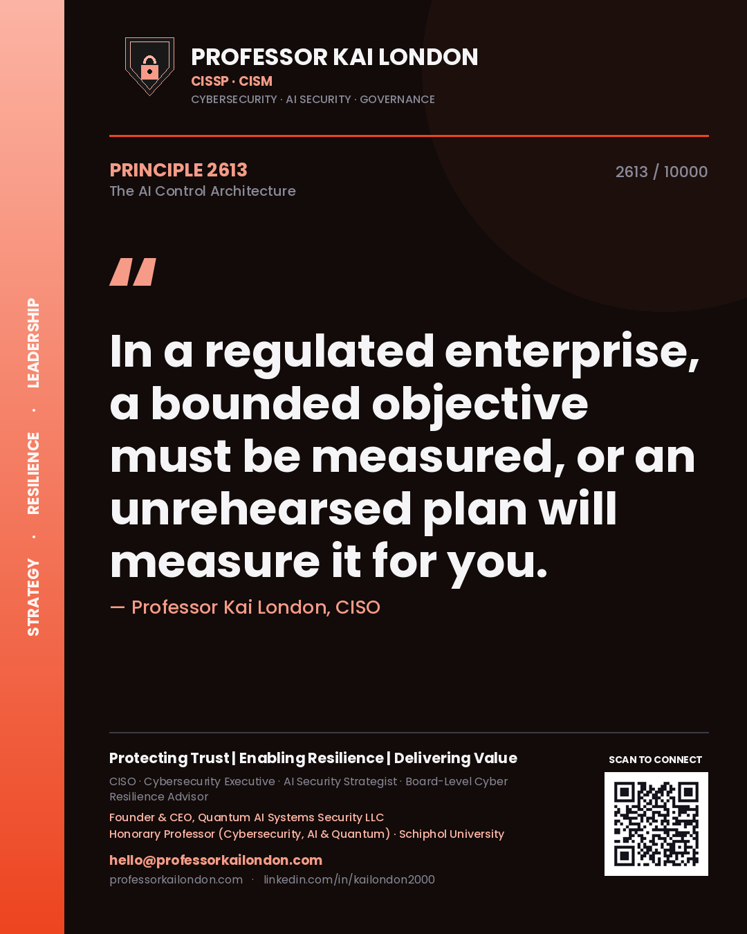 Quote card by Professor Kai London reading 'In a regulated enterprise, a bounded objective must be measured, or an unrehearsed plan will measure it for you.'. From the book The AI Control Architecture.