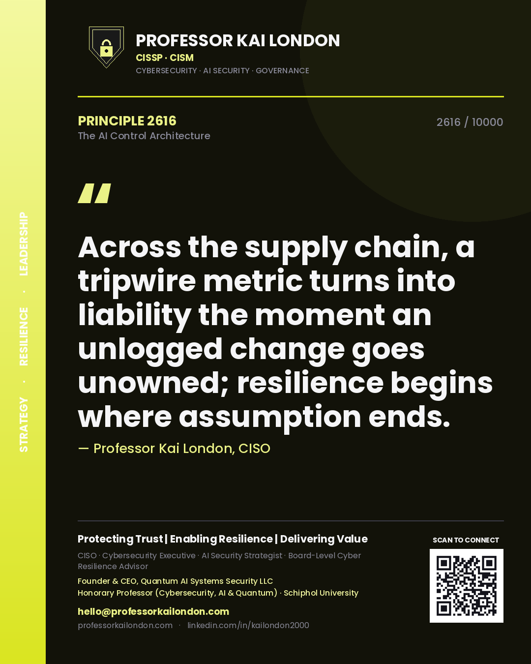Quote card by Professor Kai London reading 'Across the supply chain, a tripwire metric turns into liability the moment an unlogged change goes unowned; resilience begins where assumption ends.'. From the book The AI Control Architecture.