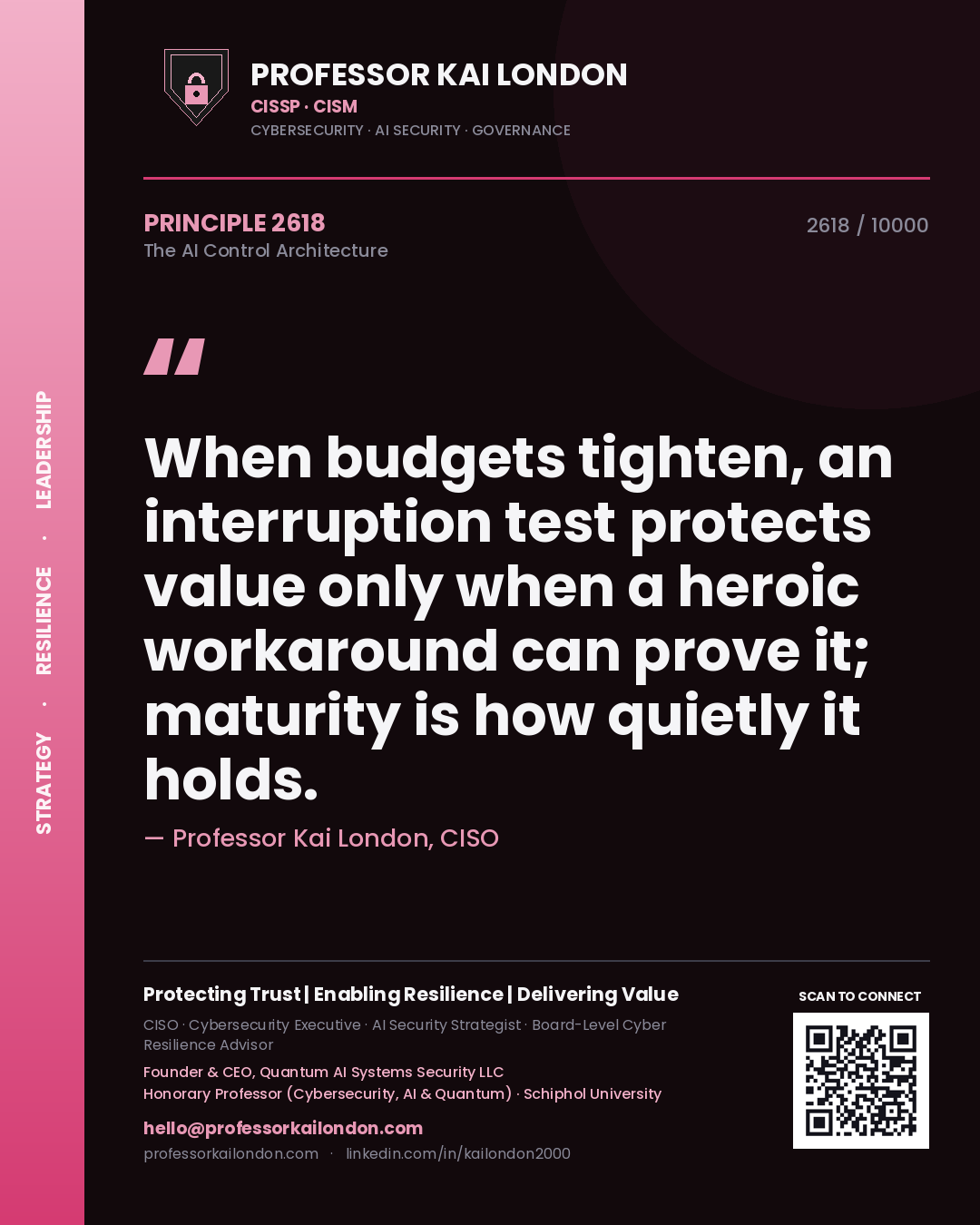 Quote card by Professor Kai London reading 'When budgets tighten, an interruption test protects value only when a heroic workaround can prove it; maturity is how quietly it holds.'. From the book The AI Control Architecture.