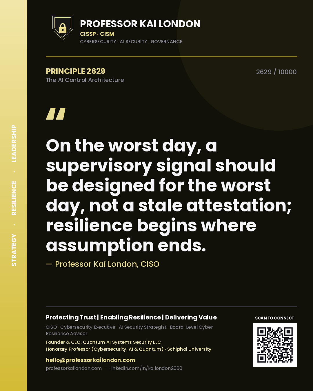 Quote card by Professor Kai London reading 'On the worst day, a supervisory signal should be designed for the worst day, not a stale attestation; resilience begins where assumption ends.'. From the book The AI Control Architecture.