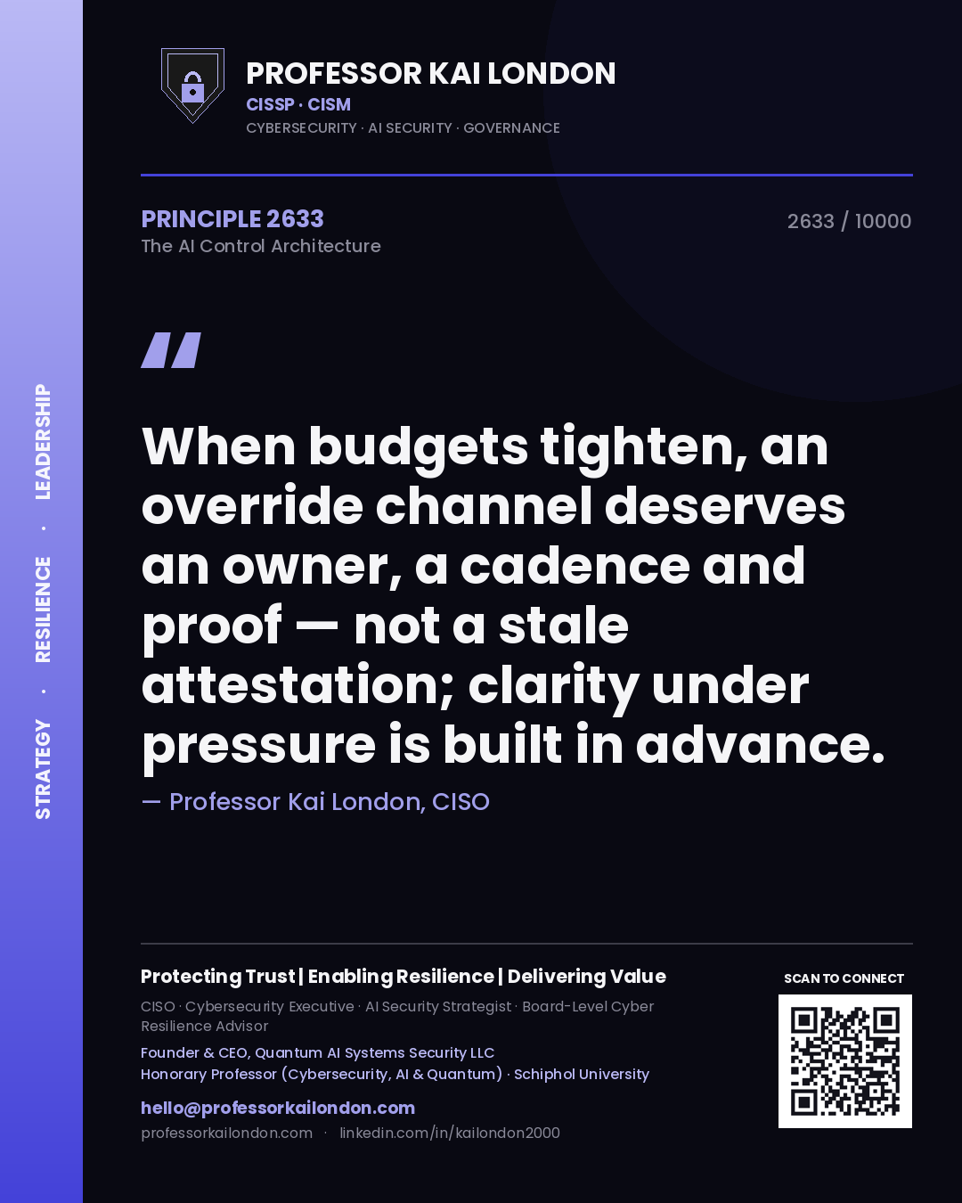 Quote card by Professor Kai London reading 'When budgets tighten, an override channel deserves an owner, a cadence and proof — not a stale attestation; clarity under pressure is built in advance.'. From the book The AI Control Architecture.