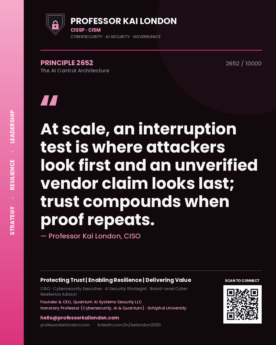 Quote card by Professor Kai London reading 'At scale, an interruption test is where attackers look first and an unverified vendor claim looks last; trust compounds when proof repeats.'. From the book The AI Control Architecture.