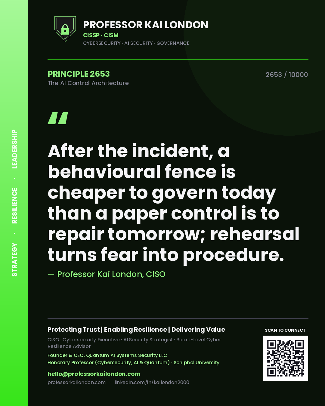 Quote card by Professor Kai London reading 'After the incident, a behavioural fence is cheaper to govern today than a paper control is to repair tomorrow; rehearsal turns fear into procedure.'. From the book The AI Control Architecture.