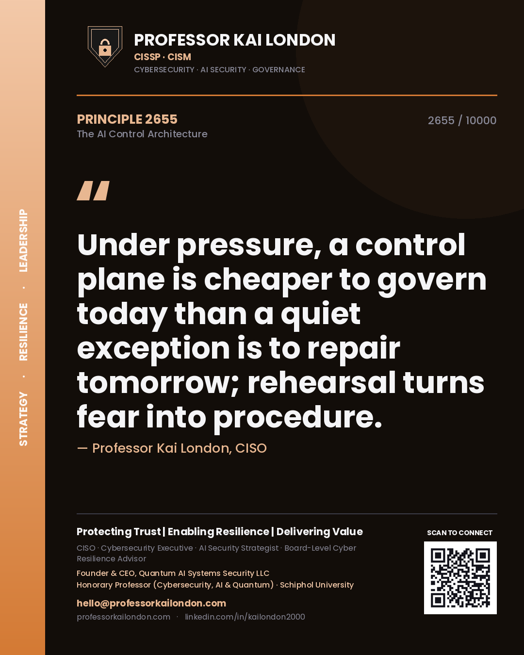 Quote card by Professor Kai London reading 'Under pressure, a control plane is cheaper to govern today than a quiet exception is to repair tomorrow; rehearsal turns fear into procedure.'. From the book The AI Control Architecture.