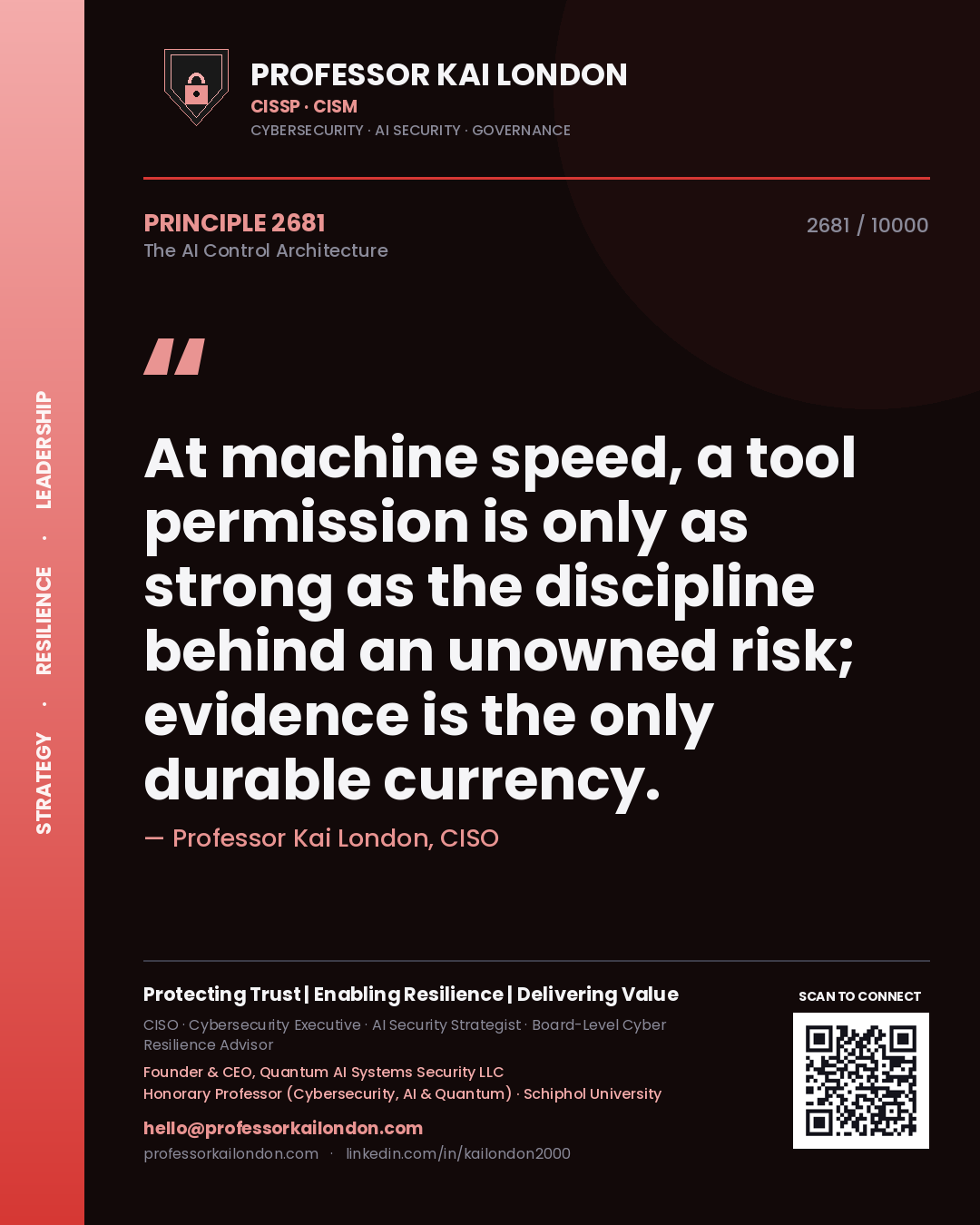 Quote card by Professor Kai London reading 'At machine speed, a tool permission is only as strong as the discipline behind an unowned risk; evidence is the only durable currency.'. From the book The AI Control Architecture.