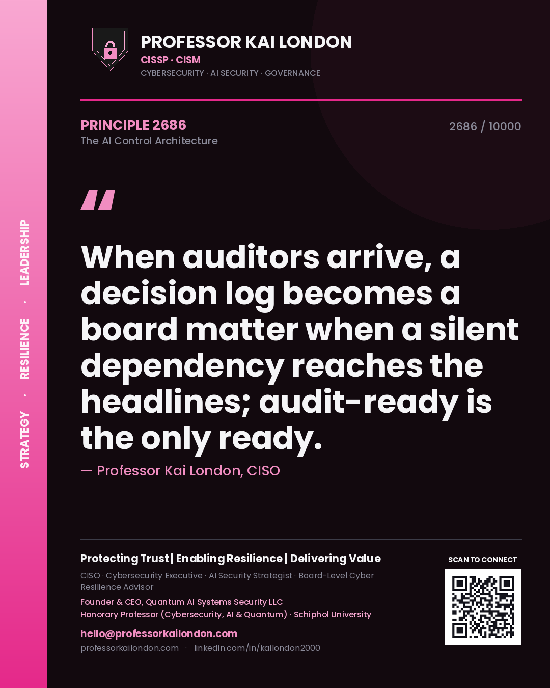 Quote card by Professor Kai London reading 'When auditors arrive, a decision log becomes a board matter when a silent dependency reaches the headlines; audit-ready is the only ready.'. From the book The AI Control Architecture.