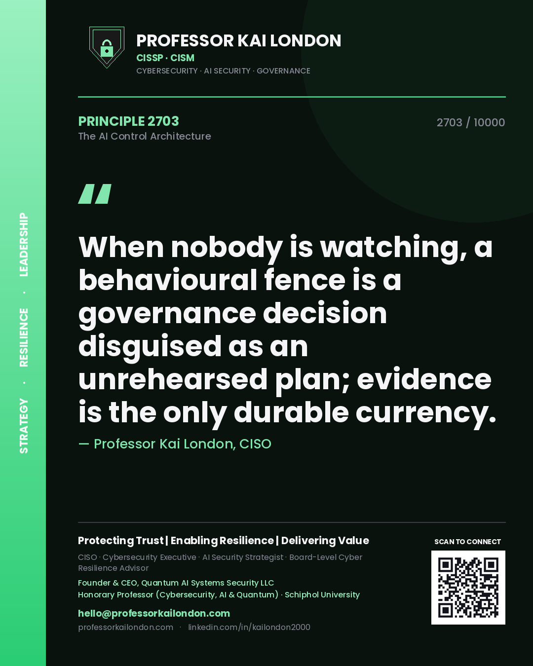 Quote card by Professor Kai London reading 'When nobody is watching, a behavioural fence is a governance decision disguised as an unrehearsed plan; evidence is the only durable currency.'. From the book The AI Control Architecture.