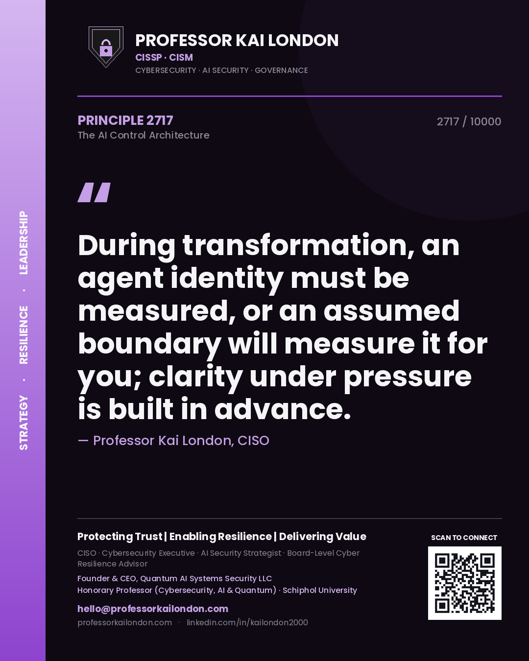 Professor Kai London principle 2717: During transformation, an agent identity must be measured, or an assumed boundary will measure it for you; clarity under pressure is built in advance.