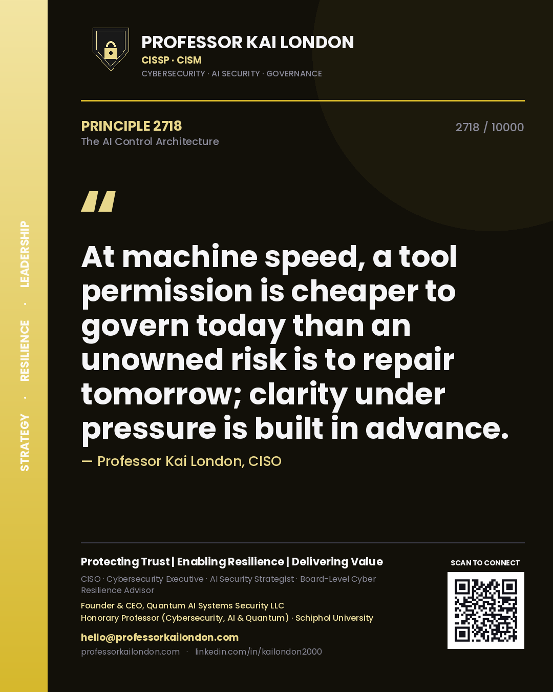 Professor Kai London principle 2718: At machine speed, a tool permission is cheaper to govern today than an unowned risk is to repair tomorrow; clarity under pressure is built in advance.