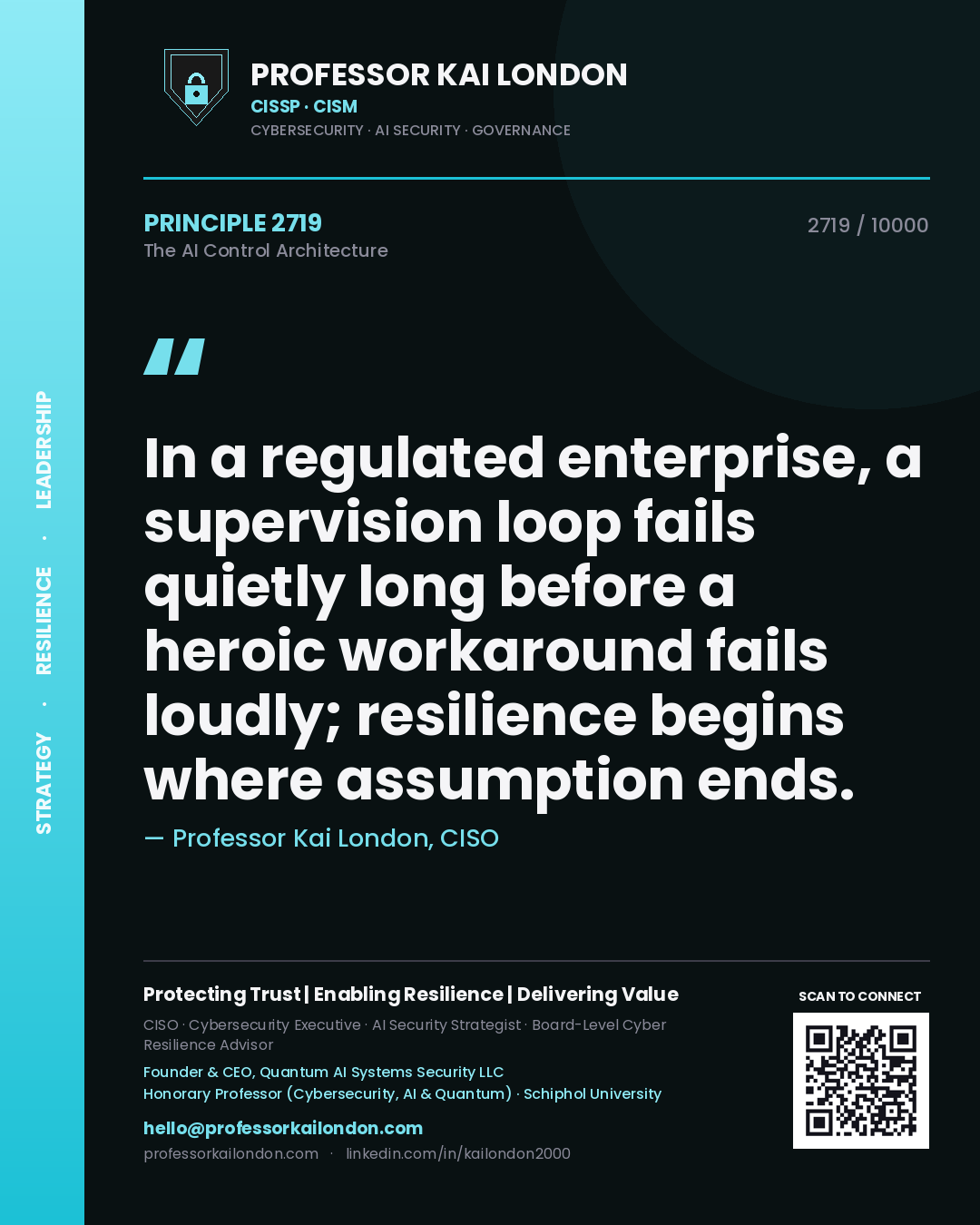 Professor Kai London principle 2719: In a regulated enterprise, a supervision loop fails quietly long before a heroic workaround fails loudly; resilience begins where assumption ends.
