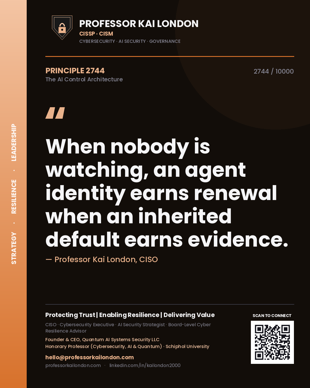 Professor Kai London principle 2744: When nobody is watching, an agent identity earns renewal when an inherited default earns evidence.