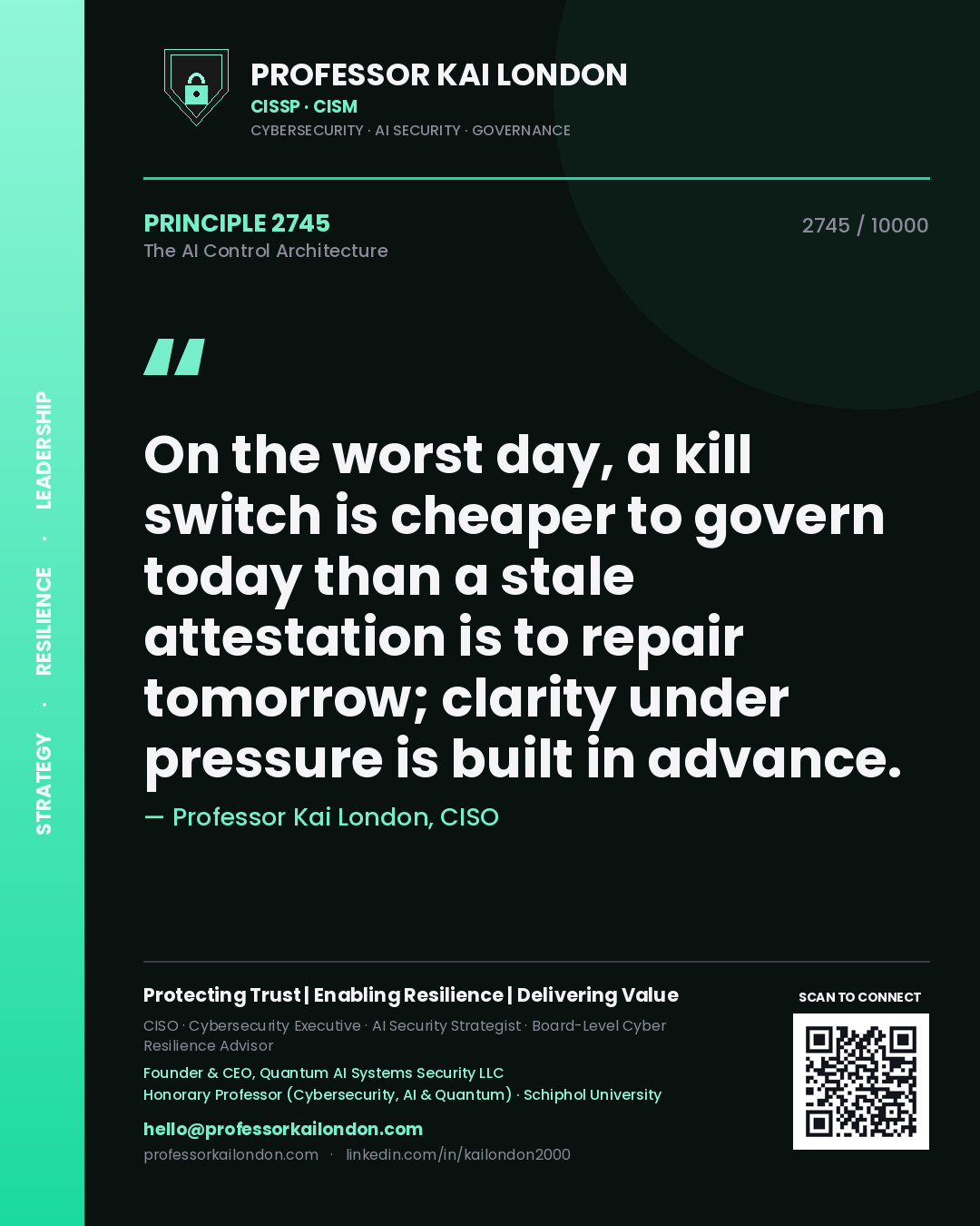 Quote card by Professor Kai London reading 'On the worst day, a kill switch is cheaper to govern today than a stale attestation is to repair tomorrow; clarity under pressure is built in advance.'. From the book The AI Control Architecture.