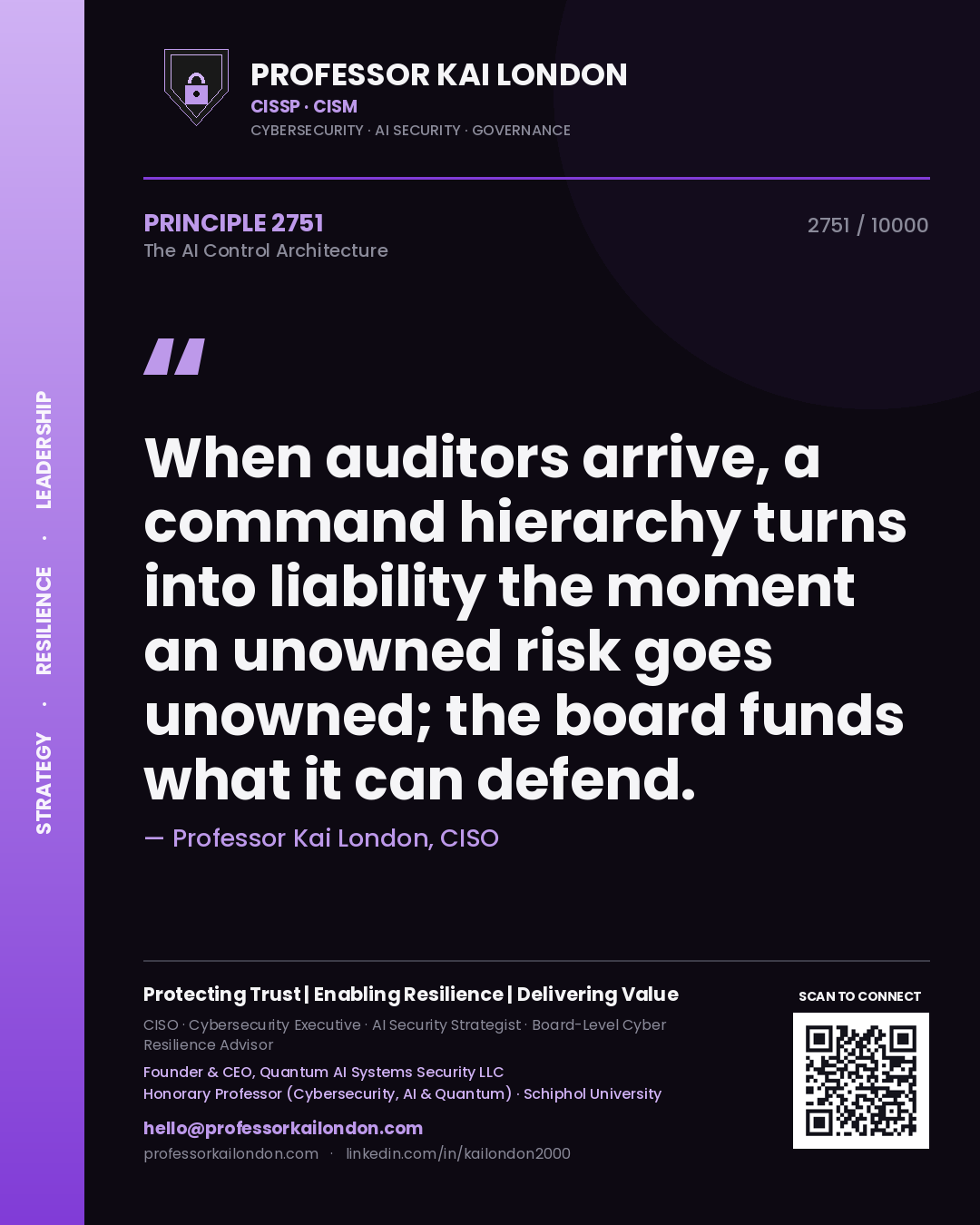 Quote card by Professor Kai London reading 'When auditors arrive, a command hierarchy turns into liability the moment an unowned risk goes unowned; the board funds what it can defend.'. From the book The AI Control Architecture.