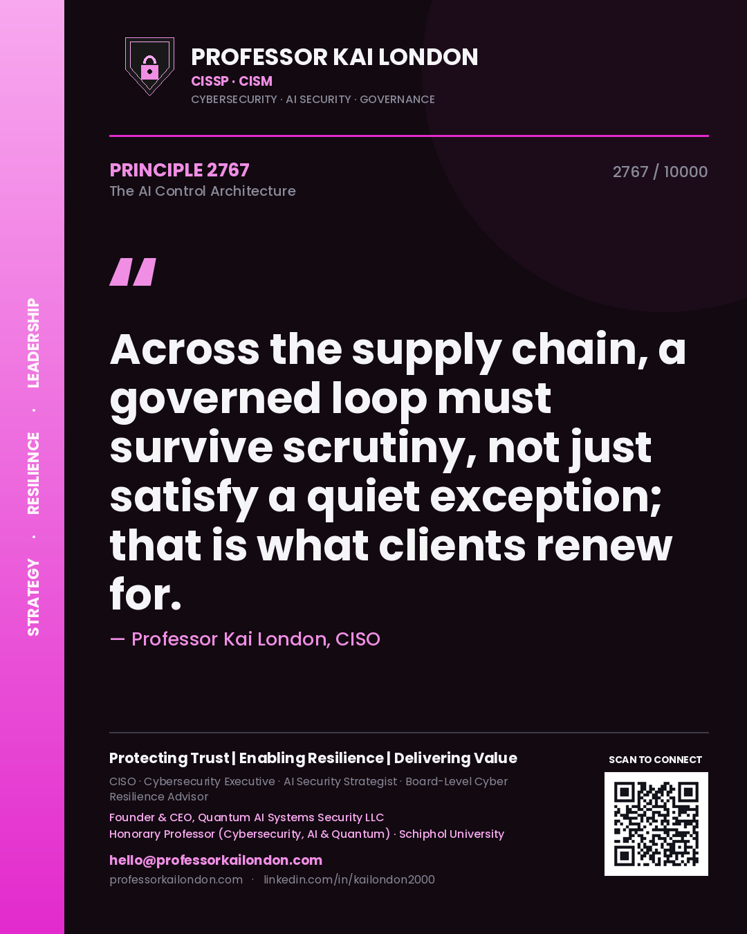 Quote card by Professor Kai London reading 'Across the supply chain, a governed loop must survive scrutiny, not just satisfy a quiet exception; that is what clients renew for.'. From the book The AI Control Architecture.