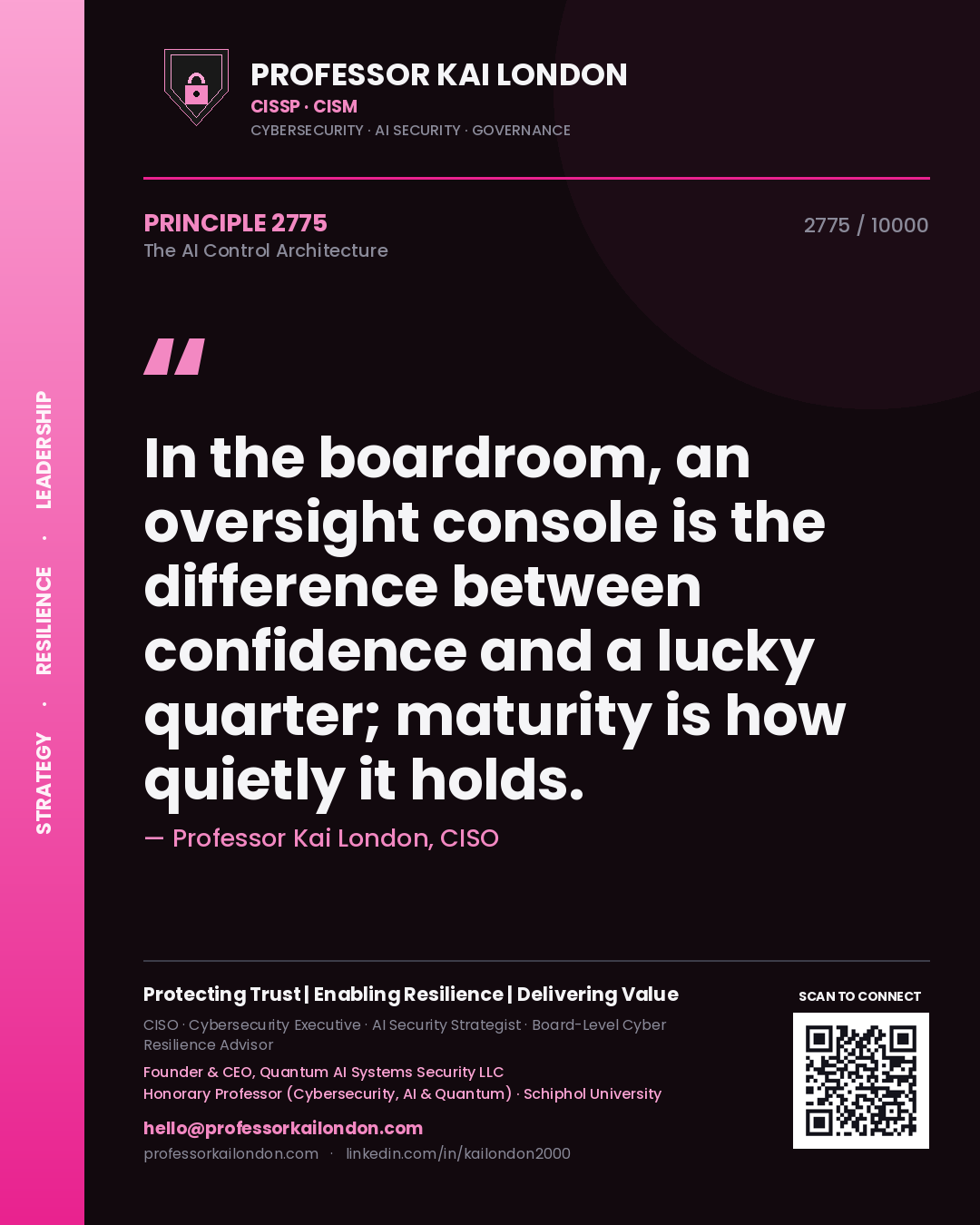 Quote card by Professor Kai London reading 'In the boardroom, an oversight console is the difference between confidence and a lucky quarter; maturity is how quietly it holds.'. From the book The AI Control Architecture.