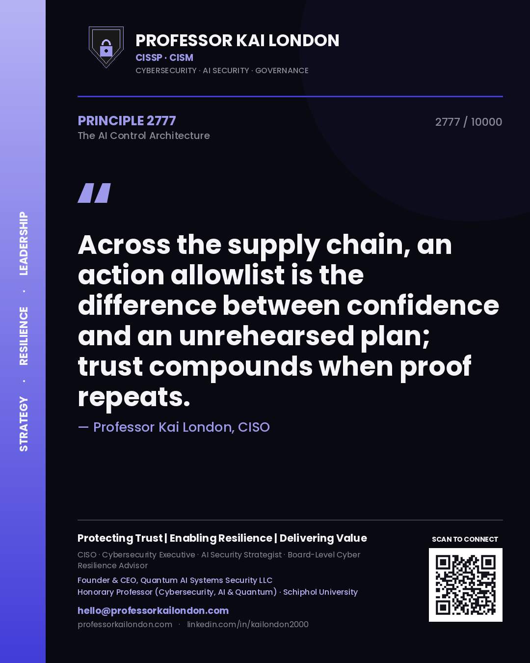 Quote card by Professor Kai London reading 'Across the supply chain, an action allowlist is the difference between confidence and an unrehearsed plan; trust compounds when proof repeats.'. From the book The AI Control Architecture.