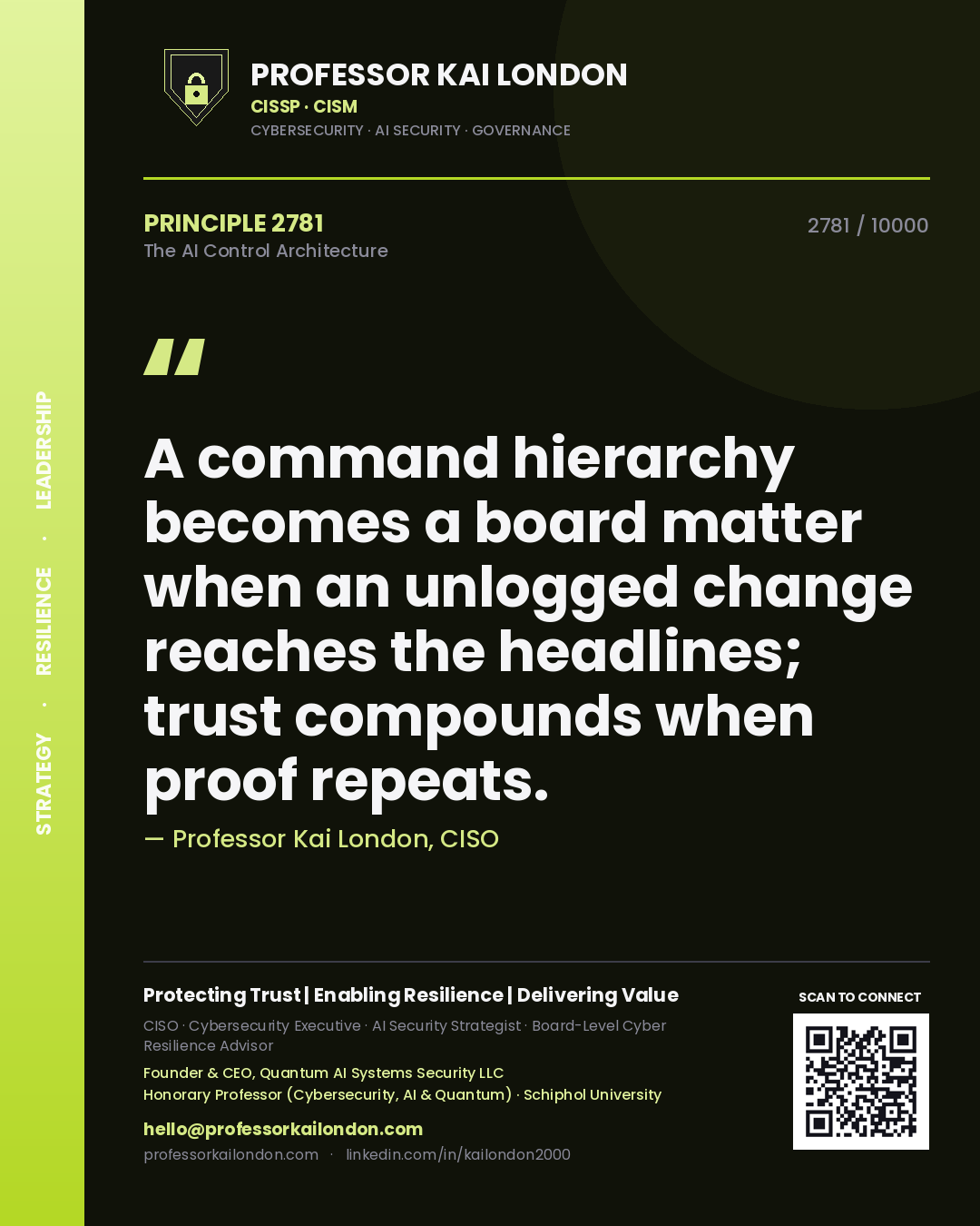 Professor Kai London principle 2781: A command hierarchy becomes a board matter when an unlogged change reaches the headlines; trust compounds when proof repeats.