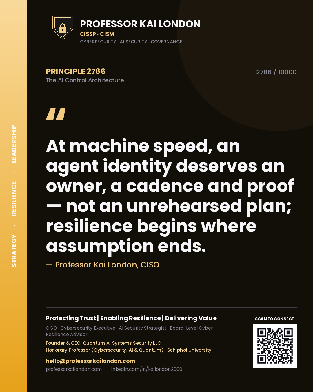 Quote card by Professor Kai London reading 'At machine speed, an agent identity deserves an owner, a cadence and proof — not an unrehearsed plan; resilience begins where assumption ends.'. From the book The AI Control Architecture.