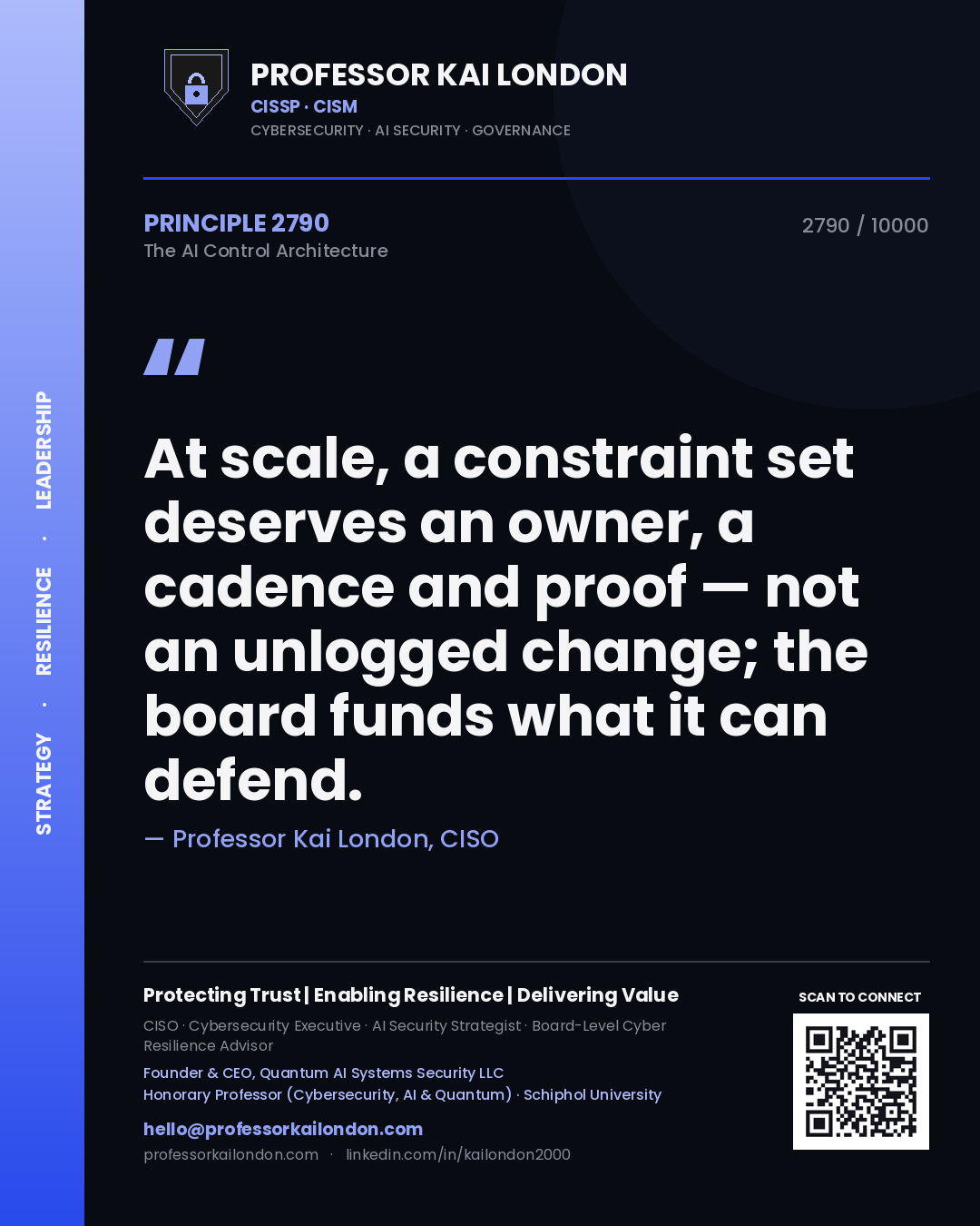 Quote card by Professor Kai London reading 'At scale, a constraint set deserves an owner, a cadence and proof — not an unlogged change; the board funds what it can defend.'. From the book The AI Control Architecture.