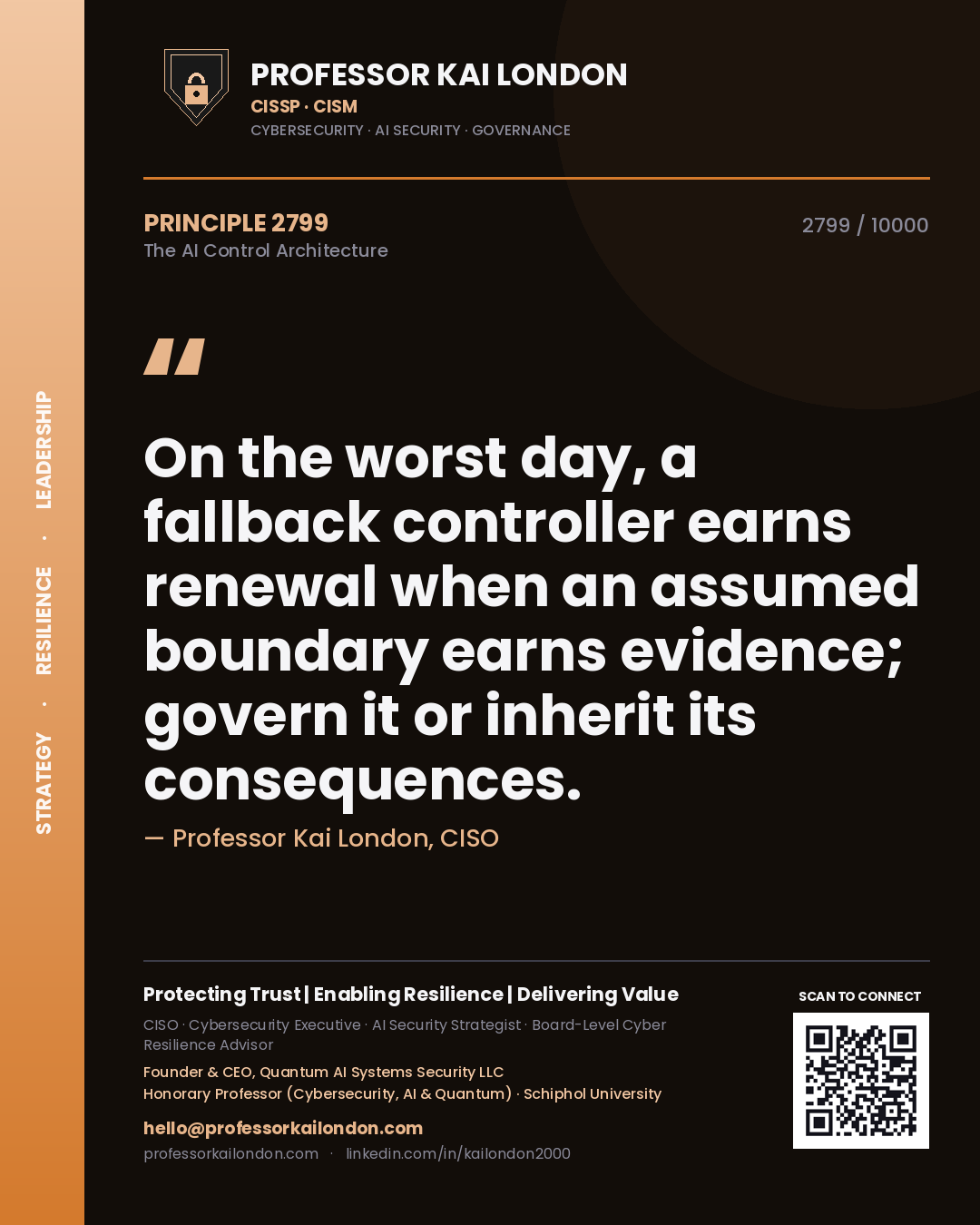 Quote card by Professor Kai London reading 'On the worst day, a fallback controller earns renewal when an assumed boundary earns evidence; govern it or inherit its consequences.'. From the book The AI Control Architecture.