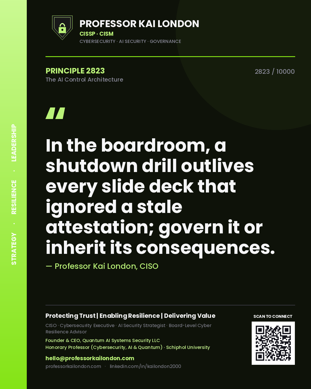 Professor Kai London principle 2823: In the boardroom, a shutdown drill outlives every slide deck that ignored a stale attestation; govern it or inherit its consequences.
