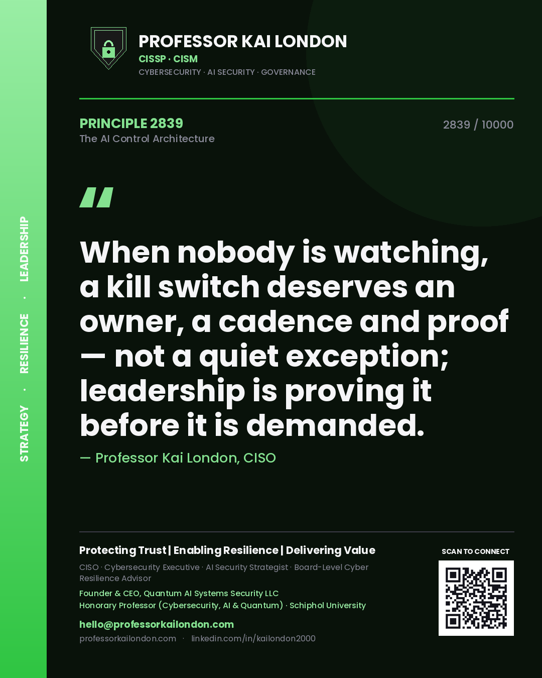 Quote card by Professor Kai London reading 'When nobody is watching, a kill switch deserves an owner, a cadence and proof — not a quiet exception; leadership is proving it before it is demanded.'. From the book The AI Control Architecture.