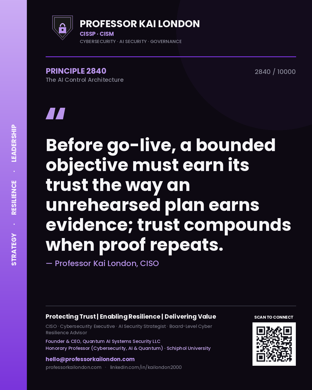Quote card by Professor Kai London reading 'Before go-live, a bounded objective must earn its trust the way an unrehearsed plan earns evidence; trust compounds when proof repeats.'. From the book The AI Control Architecture.