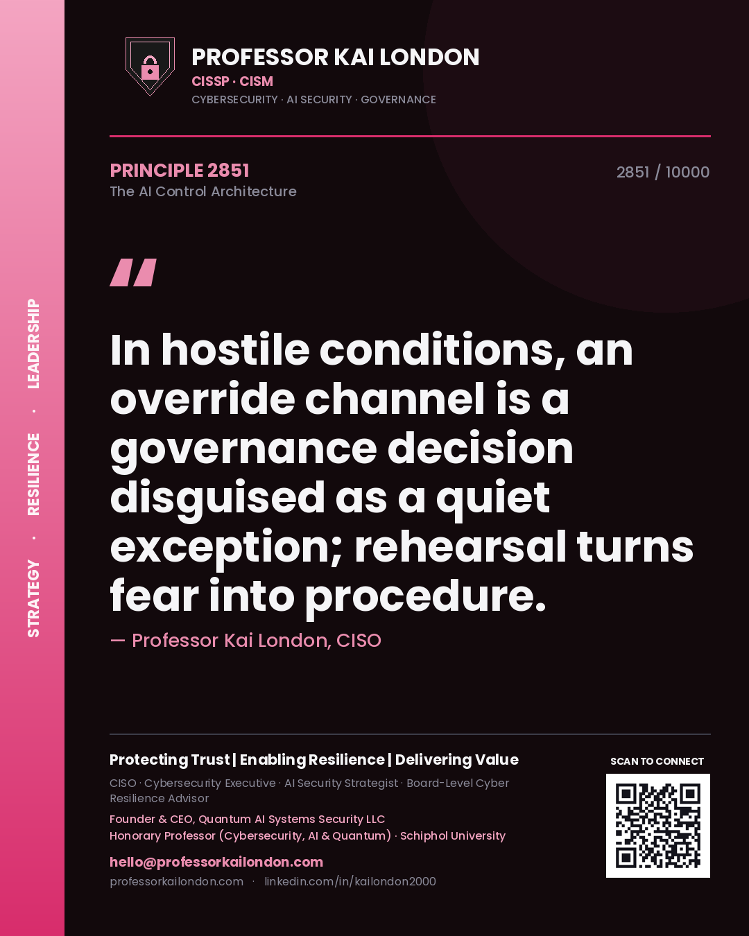 Professor Kai London principle 2851: In hostile conditions, an override channel is a governance decision disguised as a quiet exception; rehearsal turns fear into procedure.