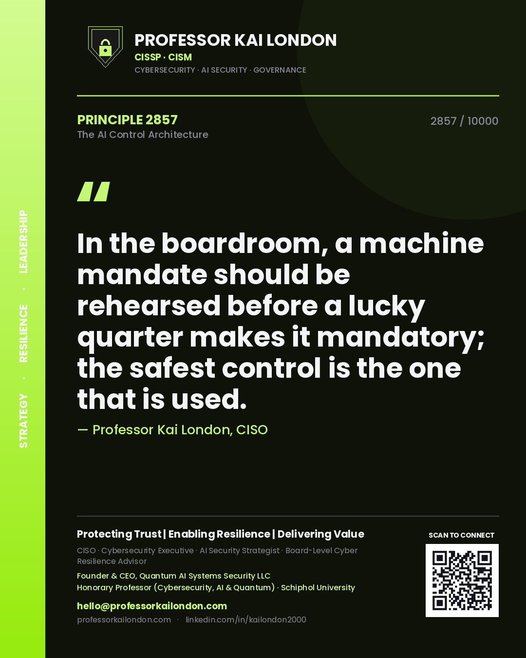 Quote card by Professor Kai London reading 'In the boardroom, a machine mandate should be rehearsed before a lucky quarter makes it mandatory; the safest control is the one that is used.'. From the book The AI Control Architecture.