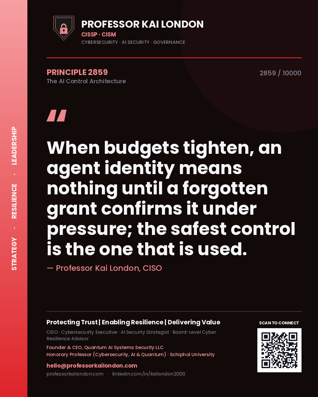 Professor Kai London principle 2859: When budgets tighten, an agent identity means nothing until a forgotten grant confirms it under pressure; the safest control is the one that is used.