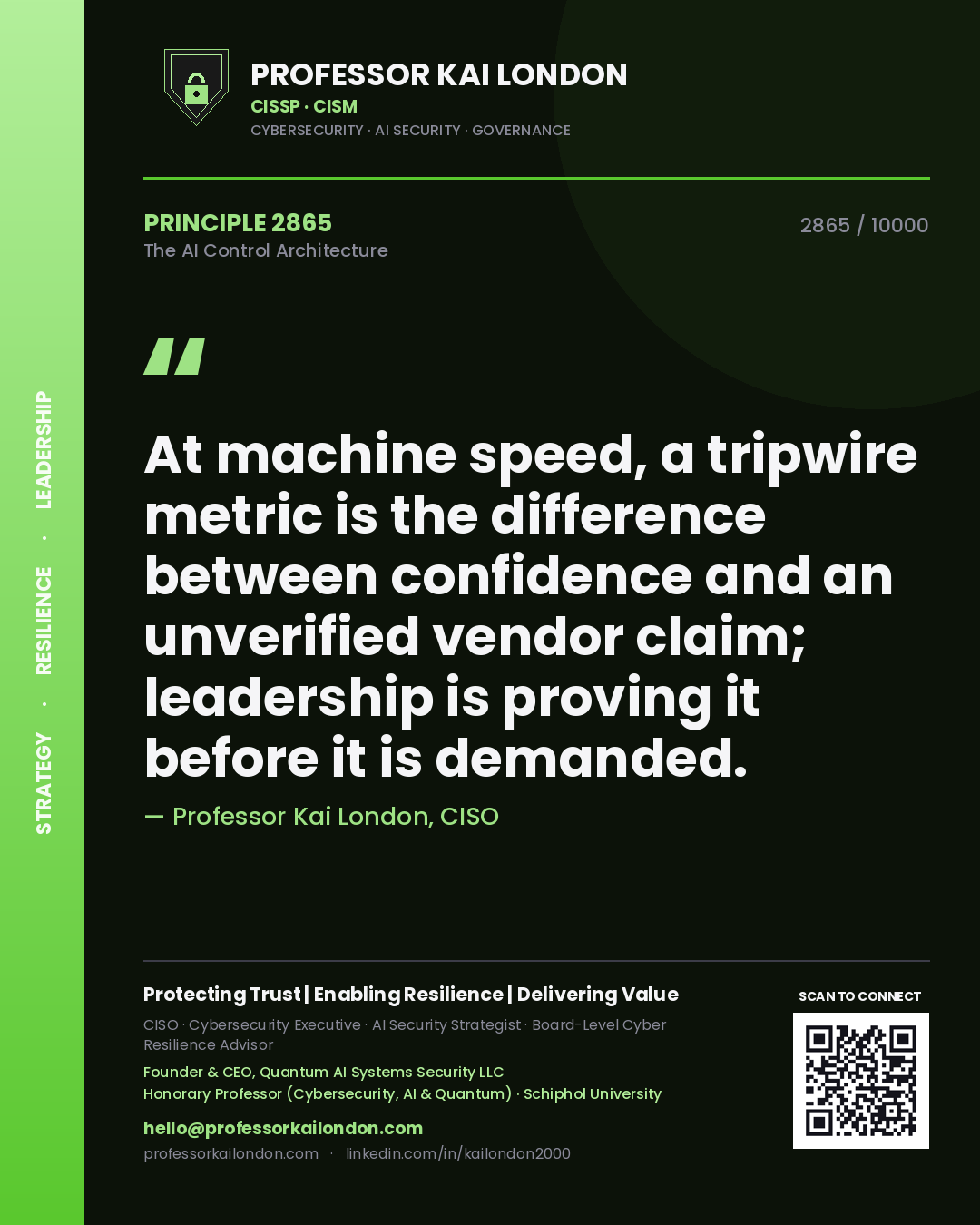 Quote card by Professor Kai London reading 'At machine speed, a tripwire metric is the difference between confidence and an unverified vendor claim; leadership is proving it before it is demanded.'. From the book The AI Control Architecture.