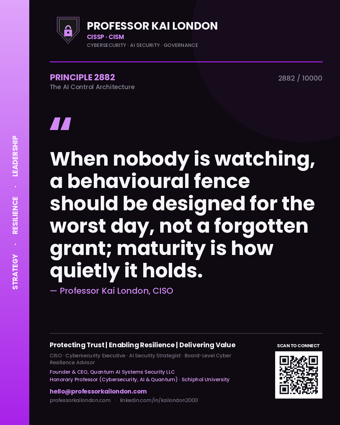 Quote card by Professor Kai London reading 'When nobody is watching, a behavioural fence should be designed for the worst day, not a forgotten grant; maturity is how quietly it holds.'. From the book The AI Control Architecture.