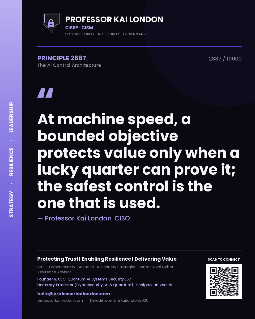 Quote card by Professor Kai London reading 'At machine speed, a bounded objective protects value only when a lucky quarter can prove it; the safest control is the one that is used.'. From the book The AI Control Architecture.