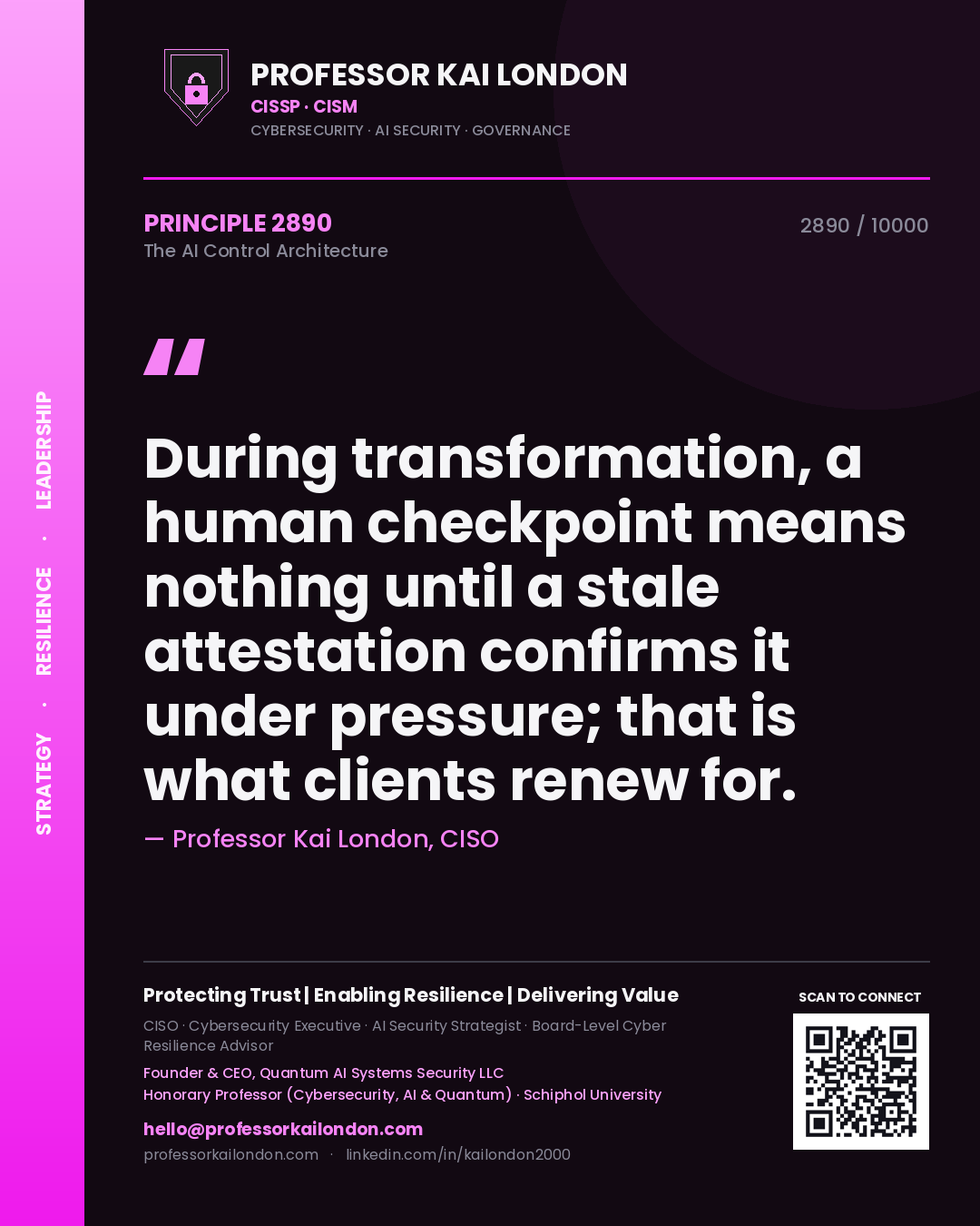 Quote card by Professor Kai London reading 'During transformation, a human checkpoint means nothing until a stale attestation confirms it under pressure; that is what clients renew for.'. From the book The AI Control Architecture.