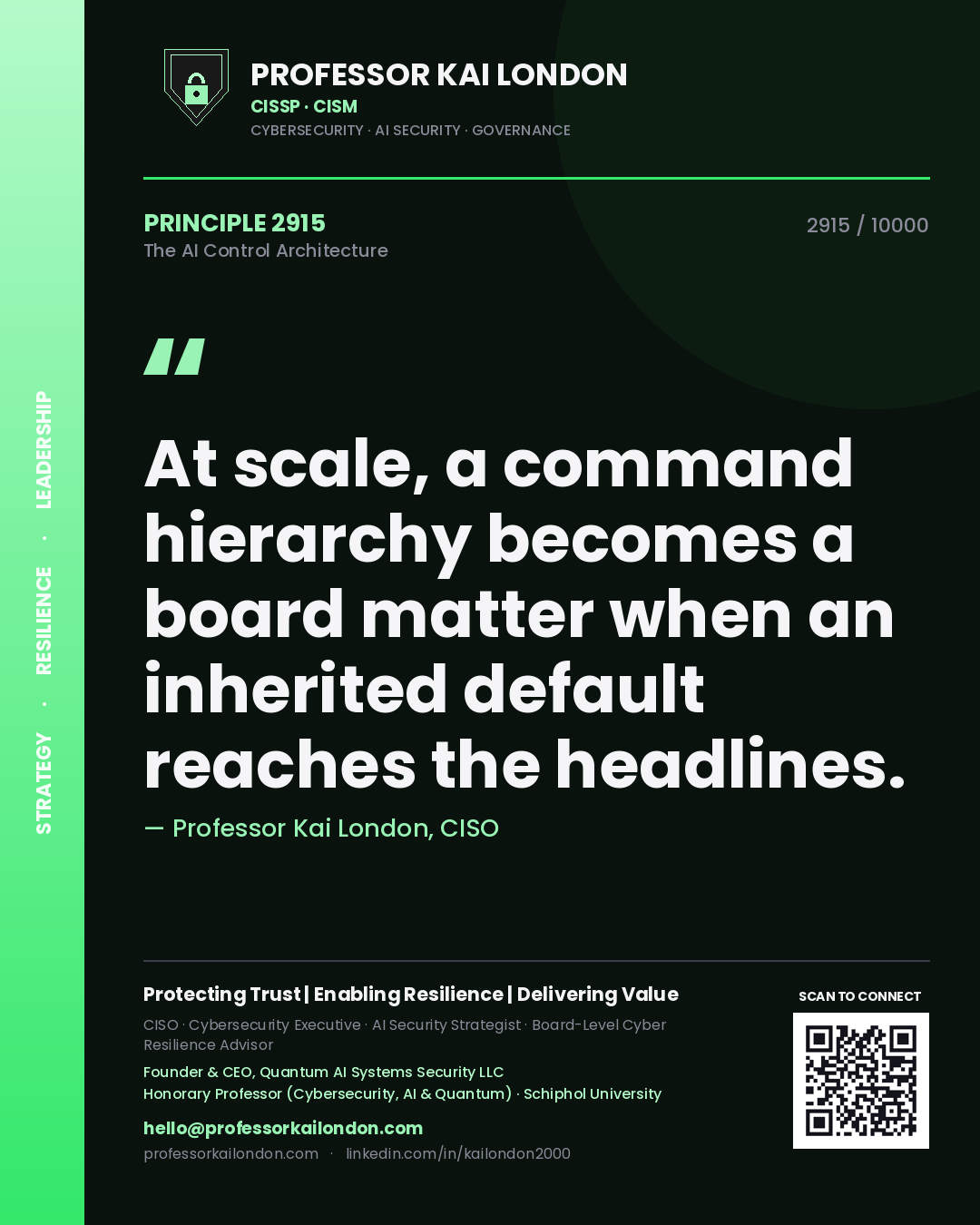 Quote card by Professor Kai London reading 'At scale, a command hierarchy becomes a board matter when an inherited default reaches the headlines.'. From the book The AI Control Architecture.