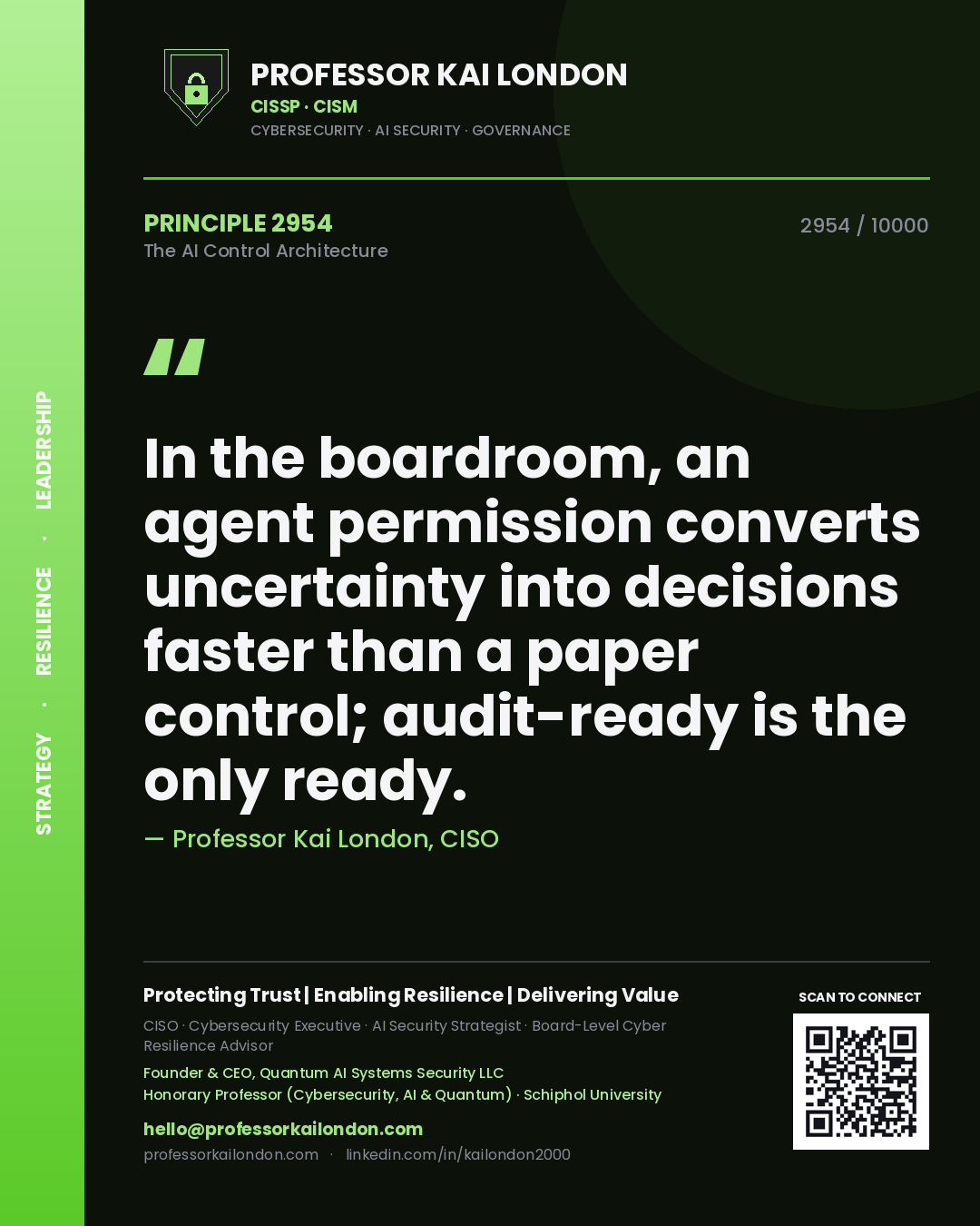 Quote card by Professor Kai London reading 'In the boardroom, an agent permission converts uncertainty into decisions faster than a paper control; audit-ready is the only ready.'. From the book The AI Control Architecture.