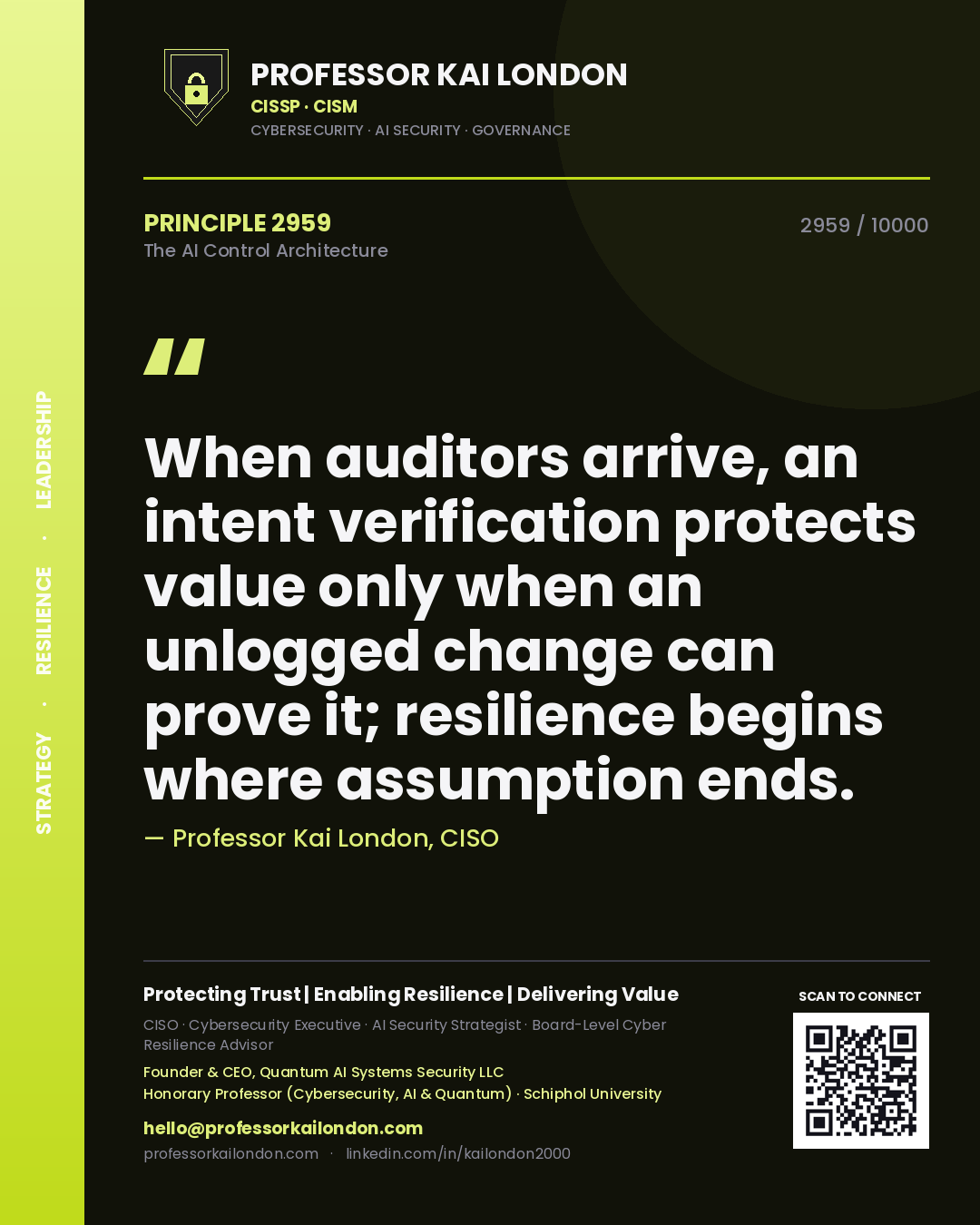 Quote card by Professor Kai London reading 'When auditors arrive, an intent verification protects value only when an unlogged change can prove it; resilience begins where assumption ends.'. From the book The AI Control Architecture.