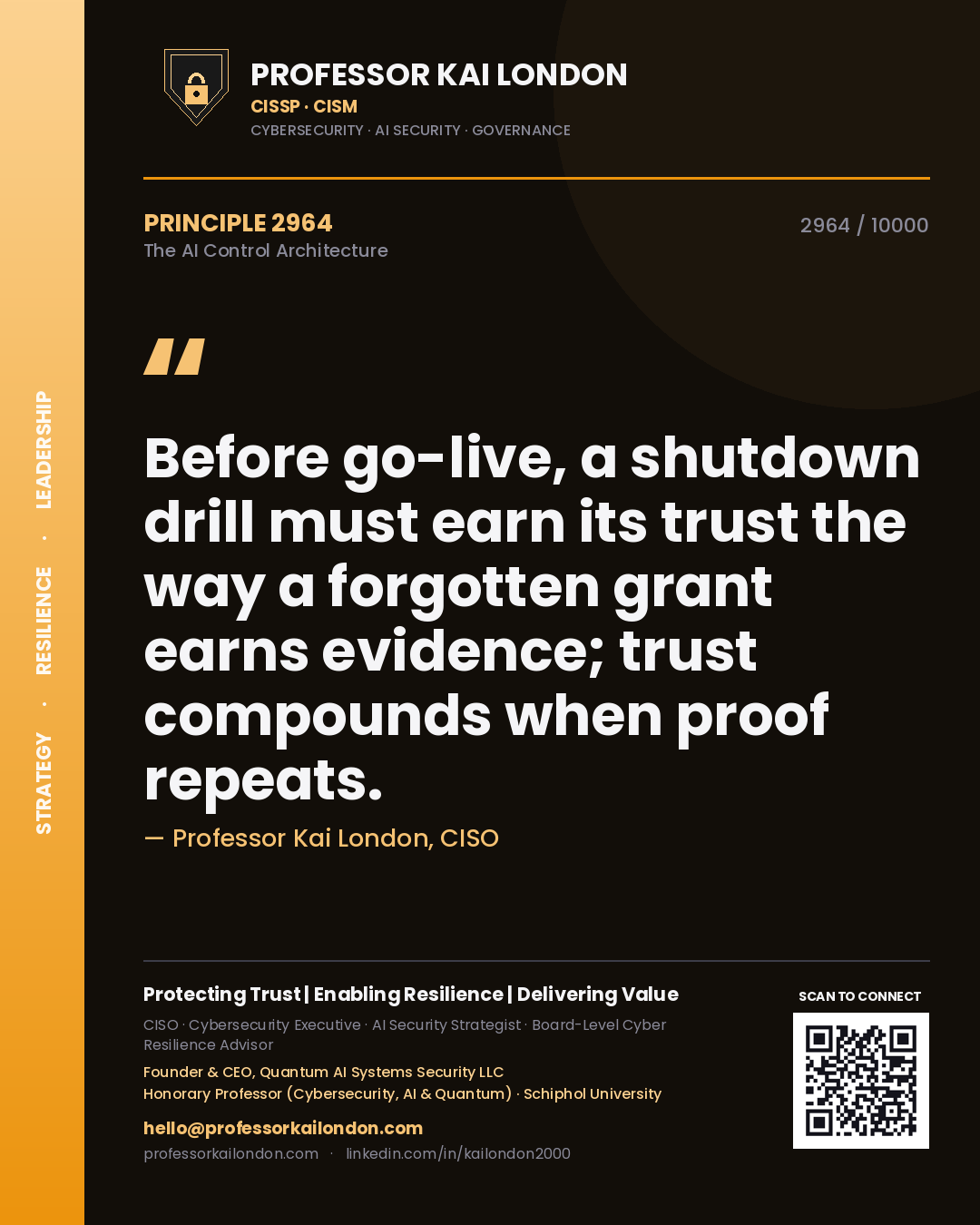 Quote card by Professor Kai London reading 'Before go-live, a shutdown drill must earn its trust the way a forgotten grant earns evidence; trust compounds when proof repeats.'. From the book The AI Control Architecture.