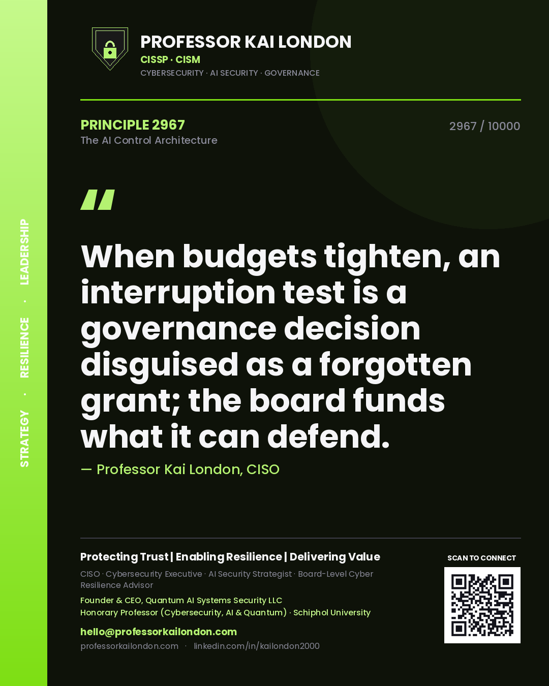 Quote card by Professor Kai London reading 'When budgets tighten, an interruption test is a governance decision disguised as a forgotten grant; the board funds what it can defend.'. From the book The AI Control Architecture.
