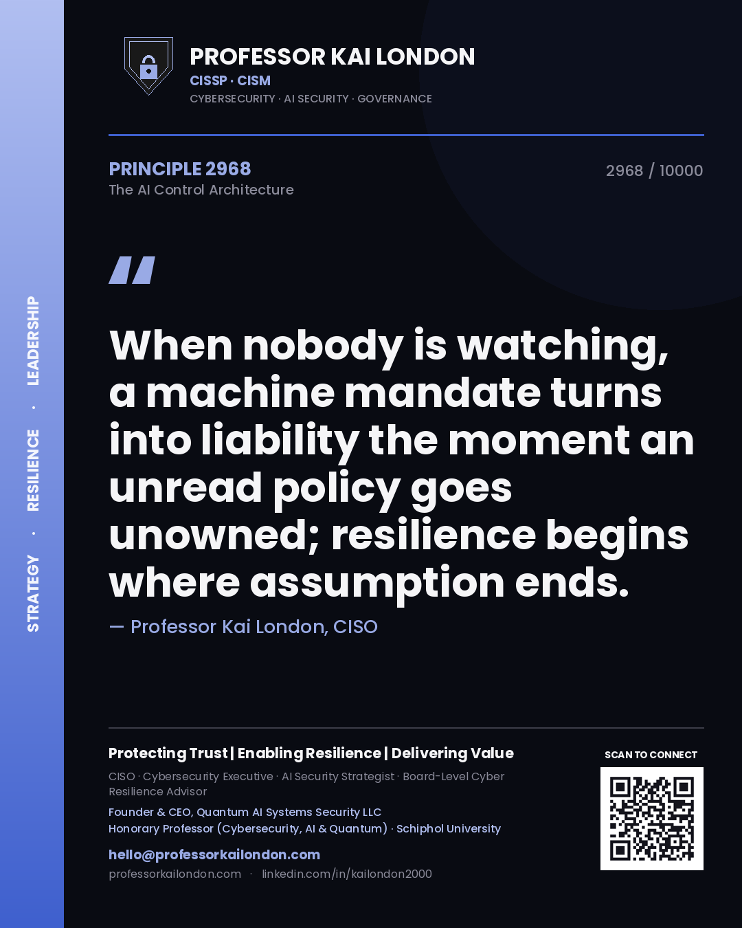 Quote card by Professor Kai London reading 'When nobody is watching, a machine mandate turns into liability the moment an unread policy goes unowned; resilience begins where assumption ends.'. From the book The AI Control Architecture.